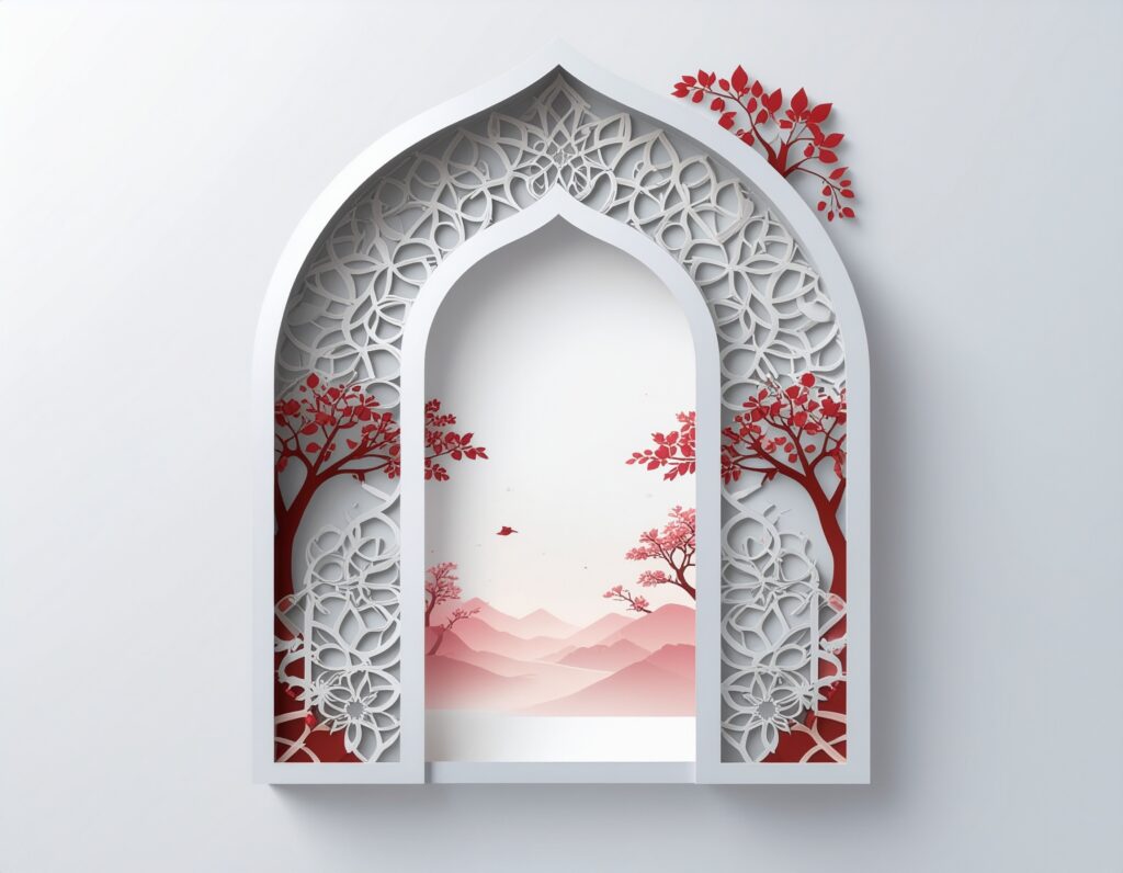 papercut deur met ornamenten en rode bomen symboliseert Christus als de Deur die ZIn bloed gegeven heeft voor ons.