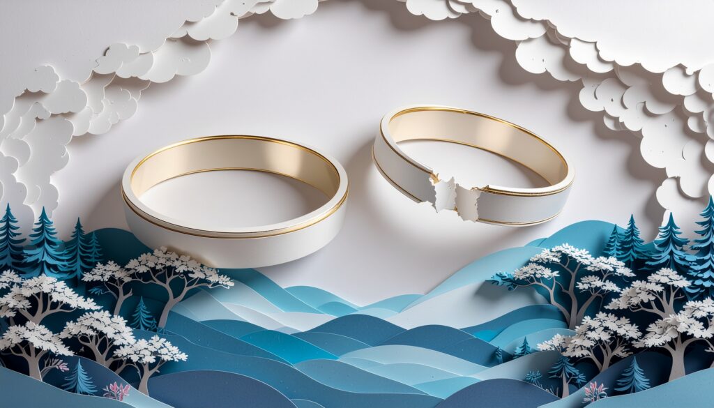 Symbolische papercut-illustratie van een intacte en een gebroken trouwring als beeld van verbondsbreuk (bijbels thema).”