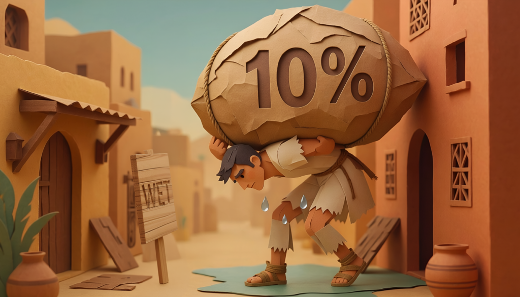 een man draagt een zware zak op zijn rug met daarop 10 percent geschreven. De wet van Mozes.